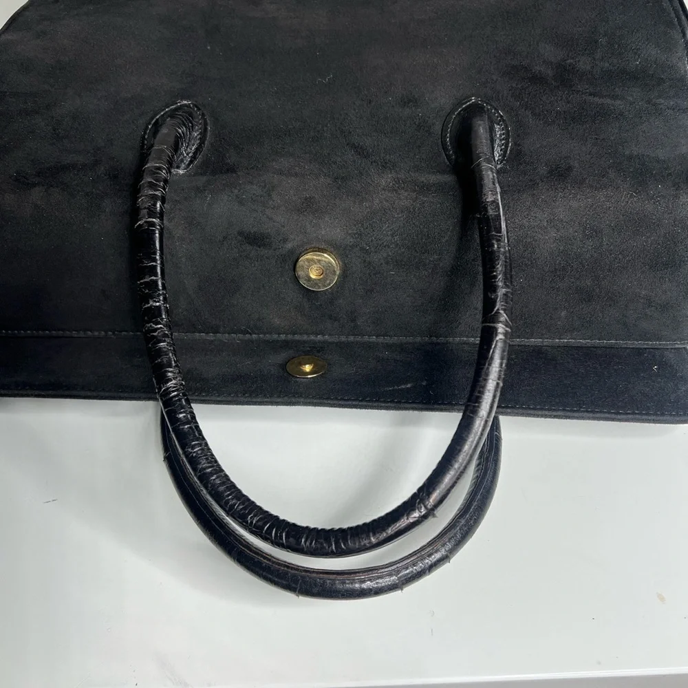 Escada Black Croc Embossed Leather Suede Pocket Structured Satchel Tote Bag